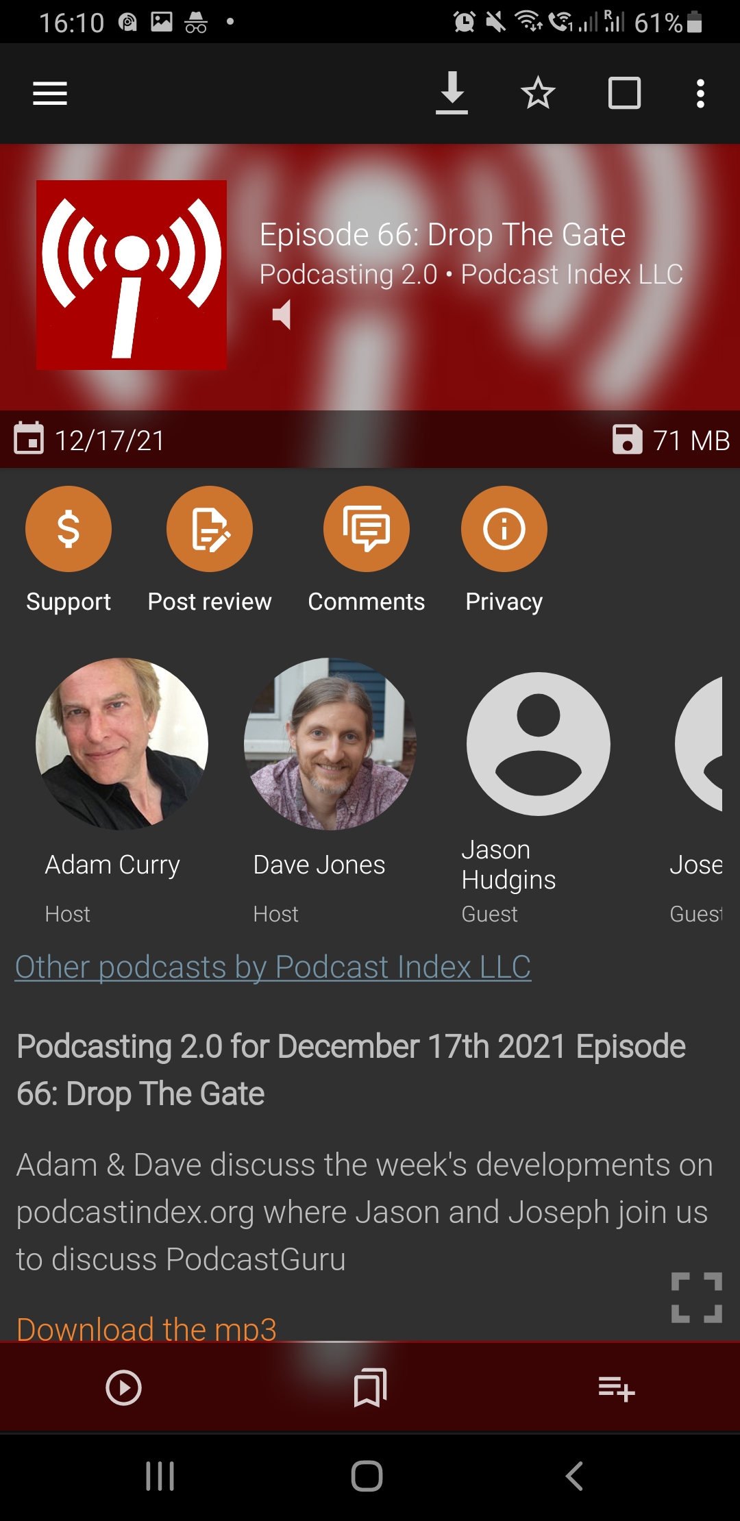 Screenshot of the Funding feature on Podcast Addict