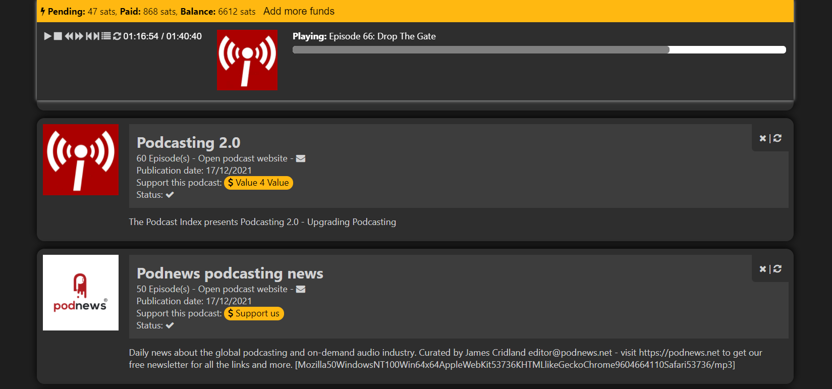 Screenshot of the Funding feature on podStation